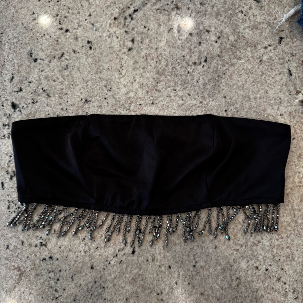 Superdown Black Strapless Top with Fringe Detail